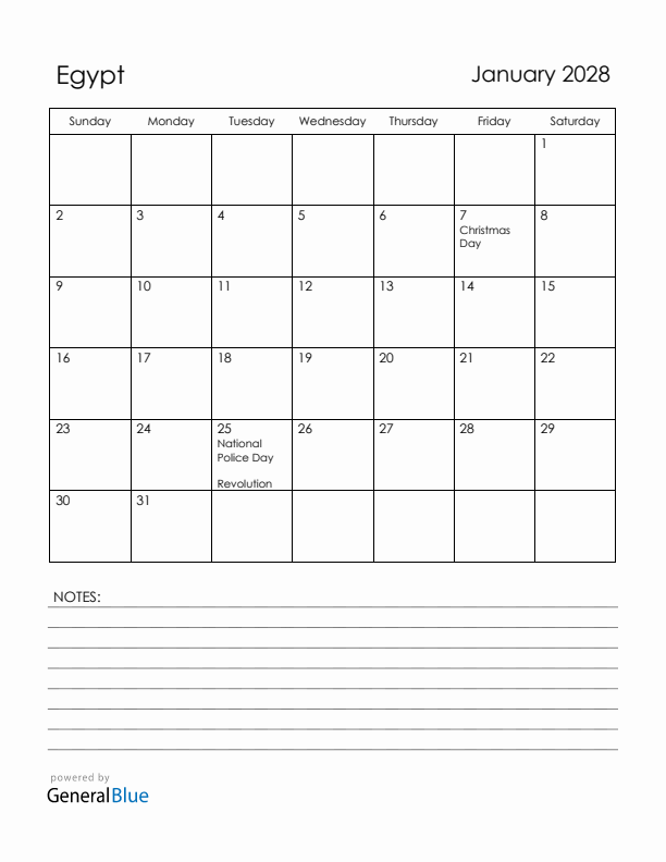 January 2028 Egypt Calendar with Holidays (Sunday Start)