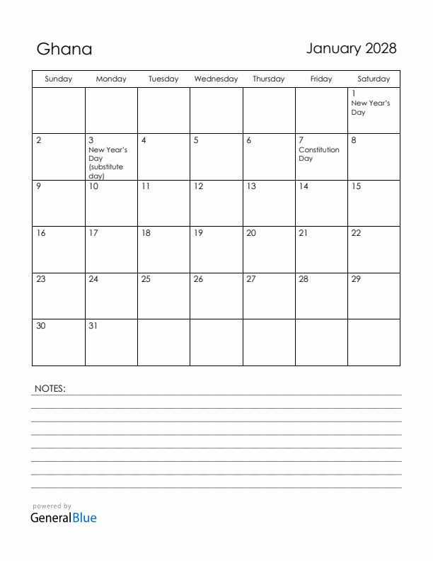 January 2028 Ghana Calendar with Holidays (Sunday Start)