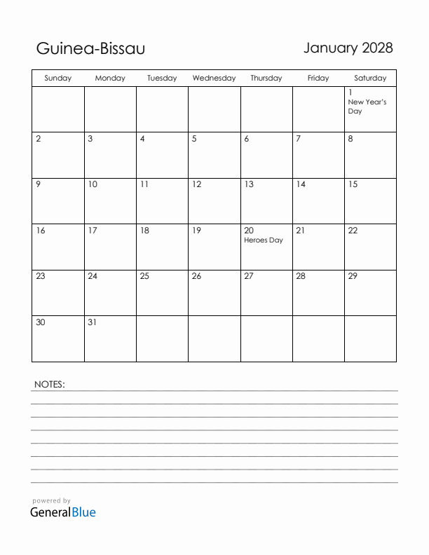 January 2028 Guinea-Bissau Calendar with Holidays (Sunday Start)