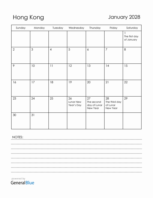 January 2028 Hong Kong Calendar with Holidays (Sunday Start)