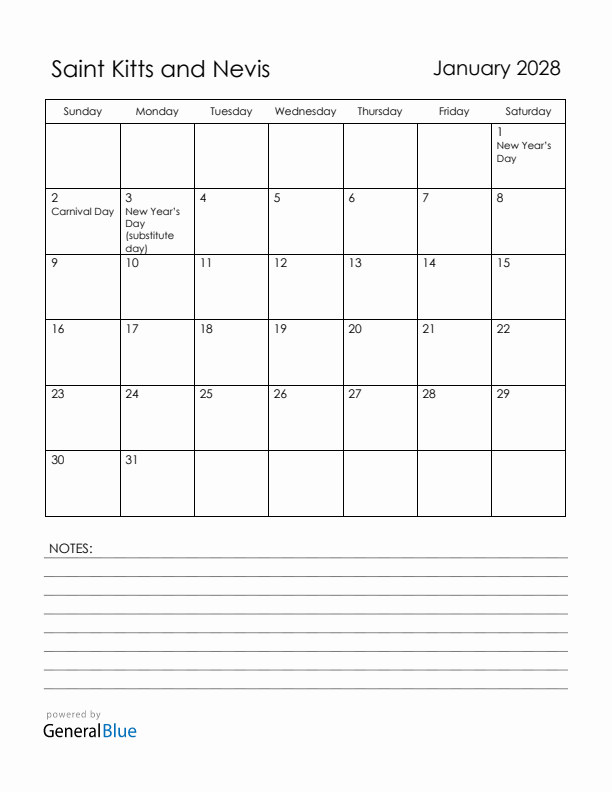 January 2028 Saint Kitts and Nevis Calendar with Holidays (Sunday Start)