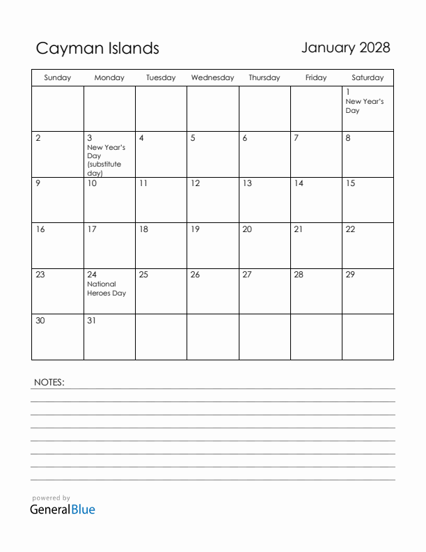 January 2028 Cayman Islands Calendar with Holidays (Sunday Start)