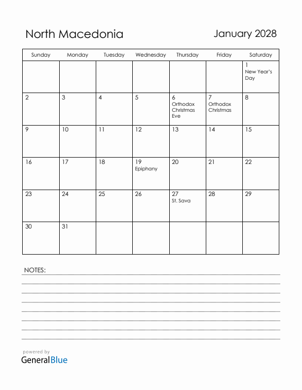 January 2028 North Macedonia Calendar with Holidays (Sunday Start)