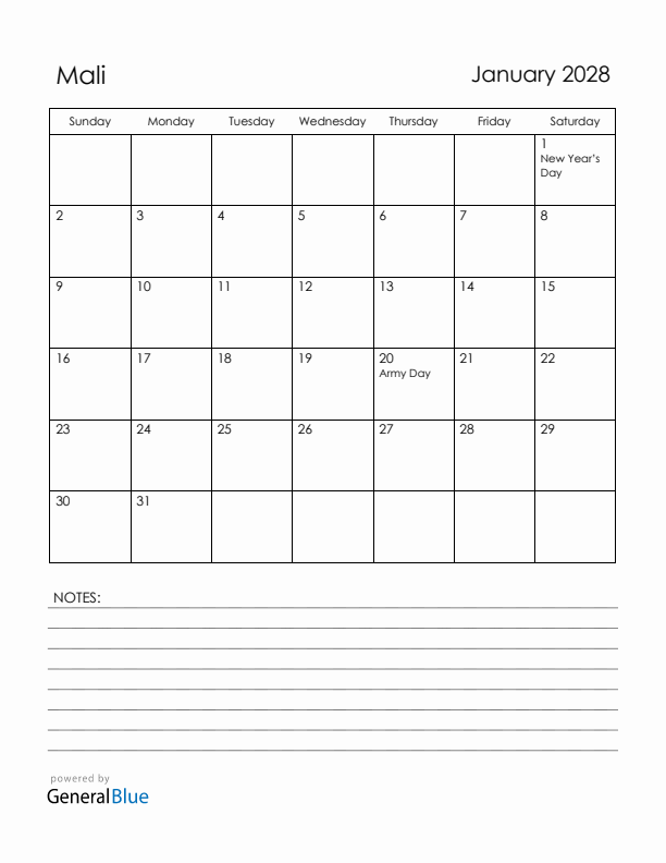 January 2028 Mali Calendar with Holidays (Sunday Start)