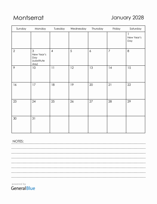 January 2028 Montserrat Calendar with Holidays (Sunday Start)