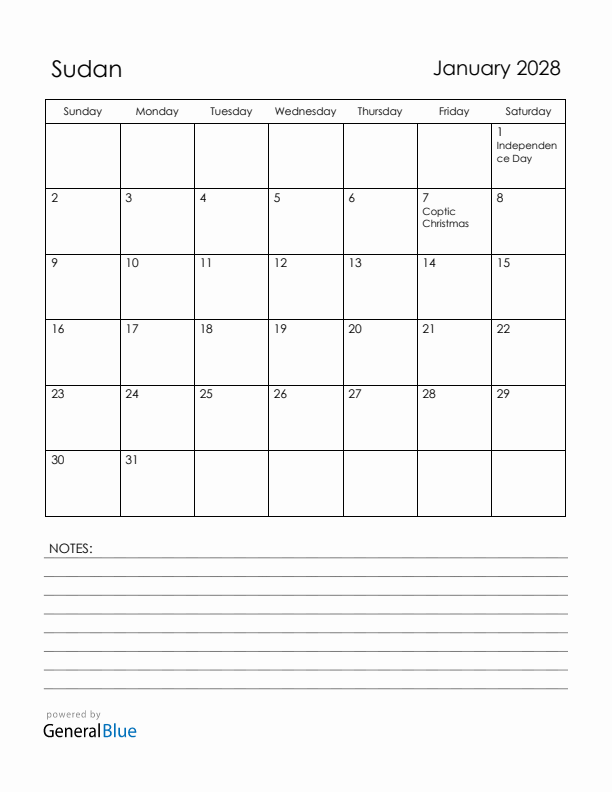 January 2028 Sudan Calendar with Holidays (Sunday Start)