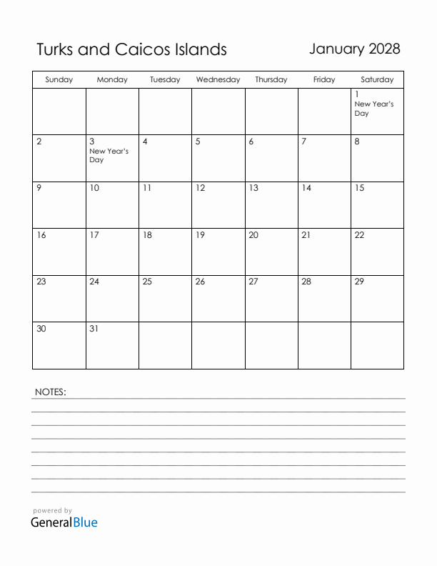 January 2028 Turks and Caicos Islands Calendar with Holidays (Sunday Start)