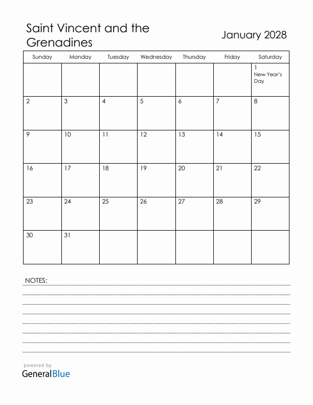 January 2028 Saint Vincent and the Grenadines Calendar with Holidays (Sunday Start)