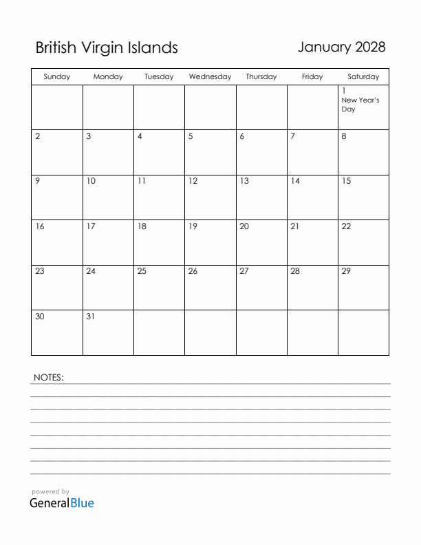 January 2028 British Virgin Islands Calendar with Holidays (Sunday Start)