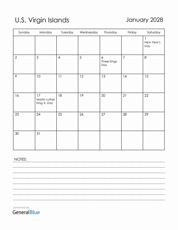 January 2028 U.S. Virgin Islands Calendar with Holidays (Sunday Start)