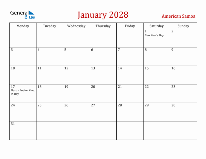 American Samoa January 2028 Calendar - Monday Start