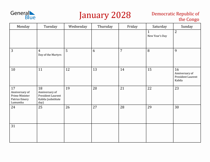 Democratic Republic of the Congo January 2028 Calendar - Monday Start
