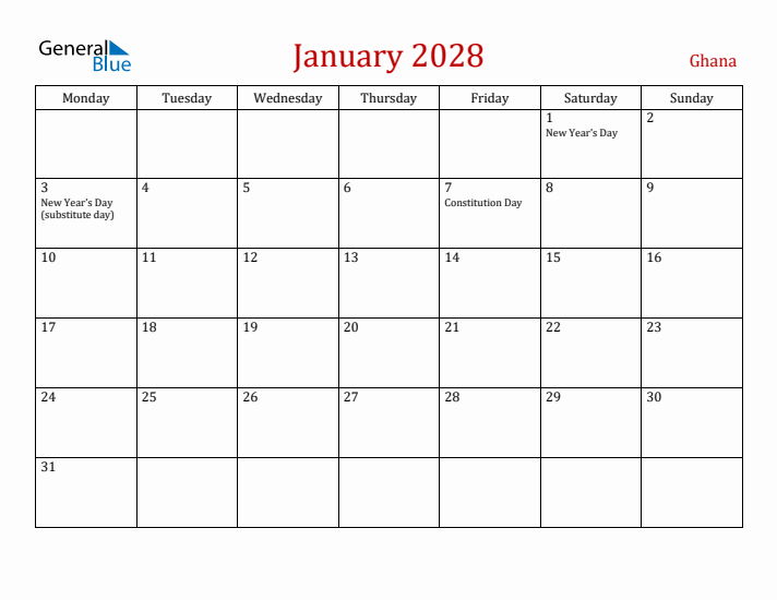 Ghana January 2028 Calendar - Monday Start