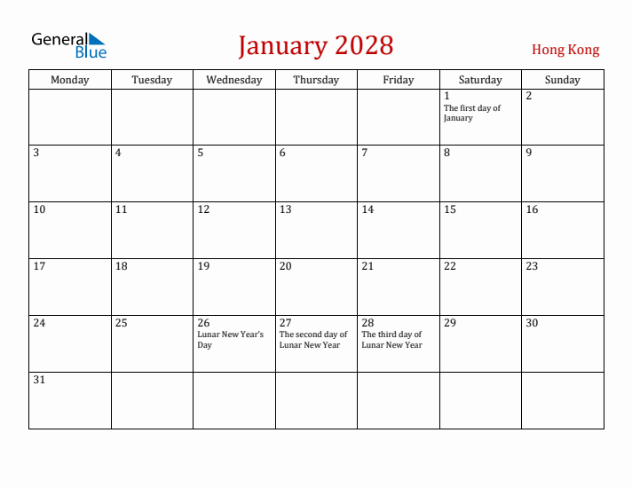 Hong Kong January 2028 Calendar - Monday Start
