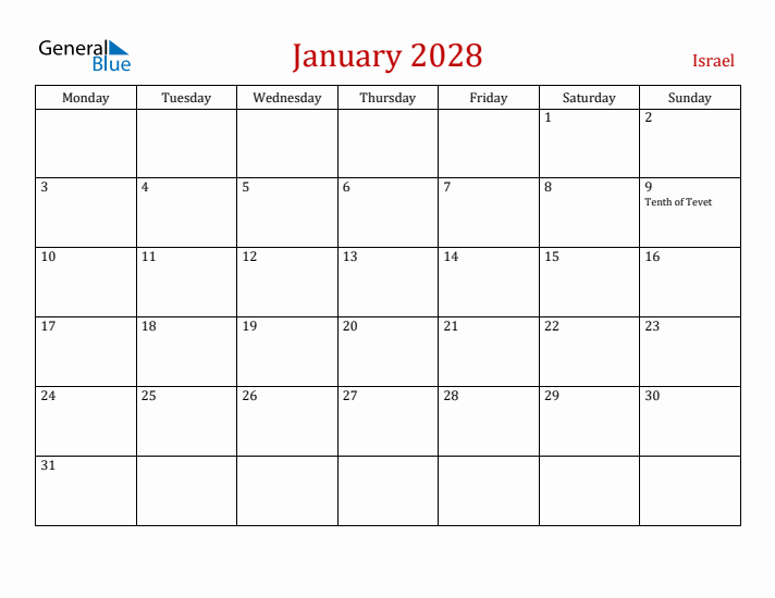 Israel January 2028 Calendar - Monday Start