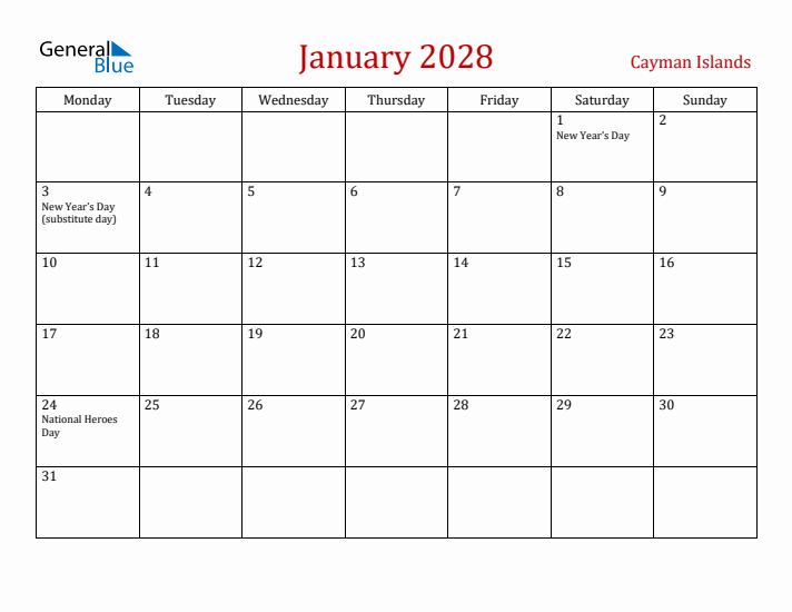 Cayman Islands January 2028 Calendar - Monday Start
