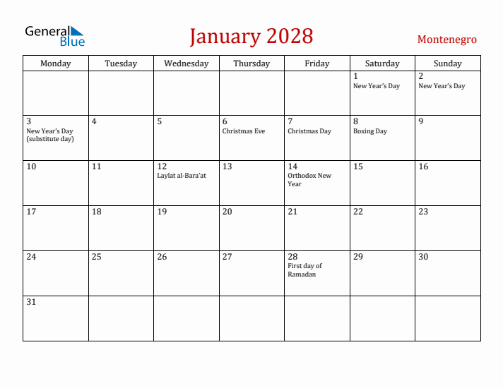 Montenegro January 2028 Calendar - Monday Start