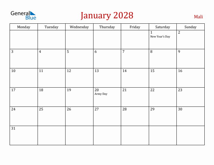Mali January 2028 Calendar - Monday Start