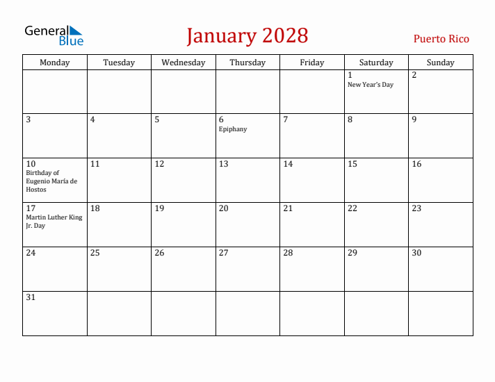 Puerto Rico January 2028 Calendar - Monday Start