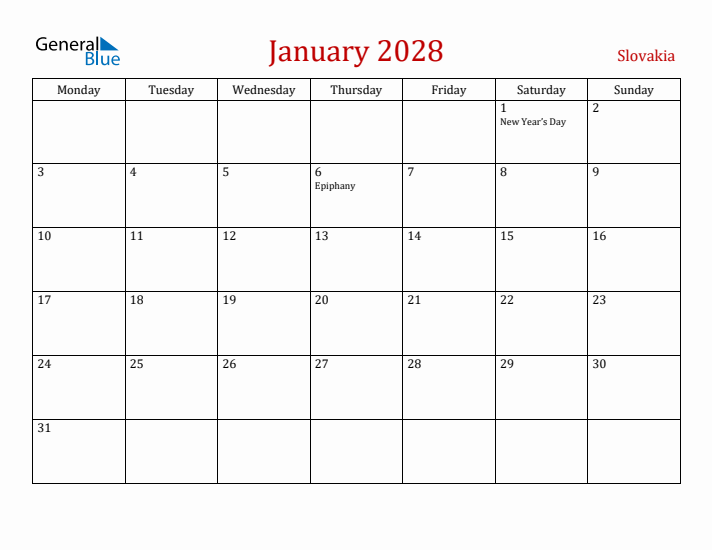 Slovakia January 2028 Calendar - Monday Start