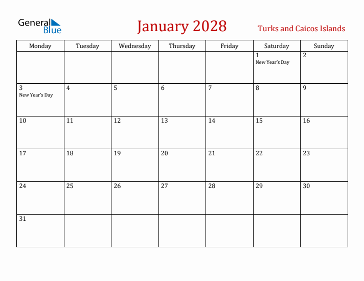 Turks and Caicos Islands January 2028 Calendar - Monday Start