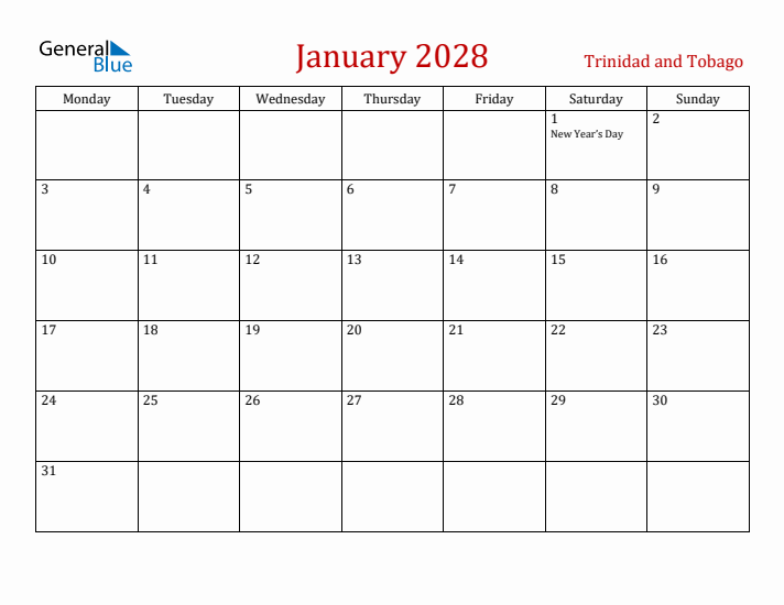 Trinidad and Tobago January 2028 Calendar - Monday Start