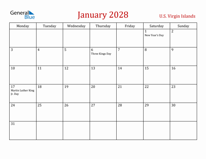 U.S. Virgin Islands January 2028 Calendar - Monday Start