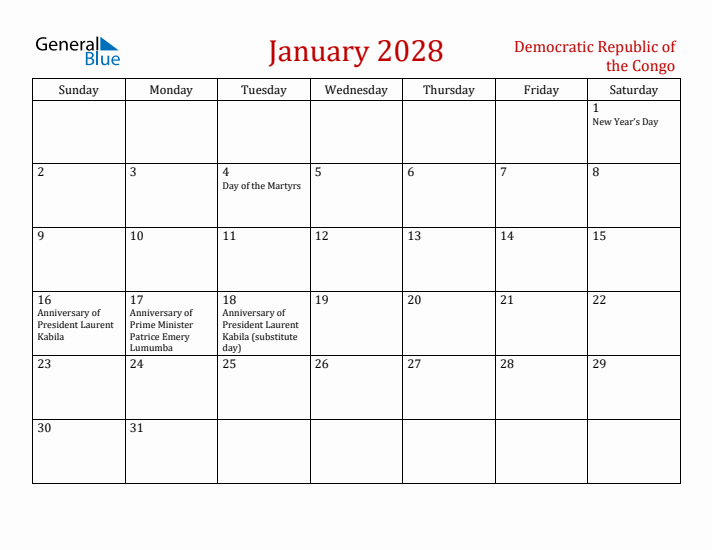 Democratic Republic of the Congo January 2028 Calendar - Sunday Start