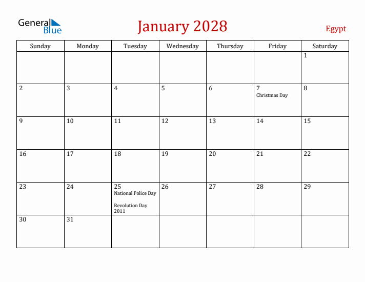 Egypt January 2028 Calendar - Sunday Start