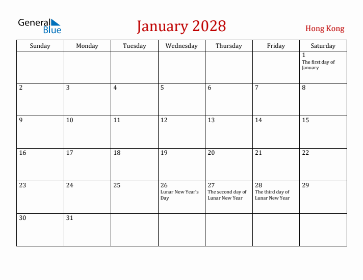 Hong Kong January 2028 Calendar - Sunday Start