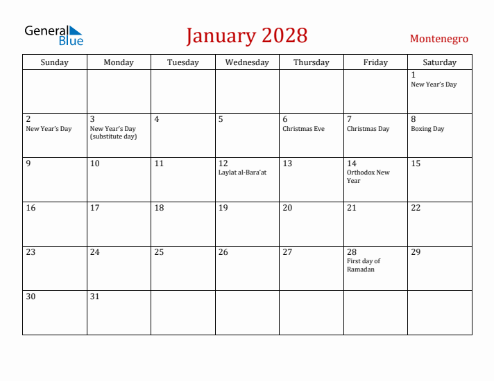 Montenegro January 2028 Calendar - Sunday Start