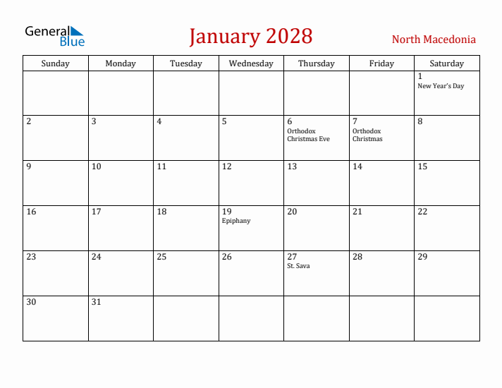 North Macedonia January 2028 Calendar - Sunday Start