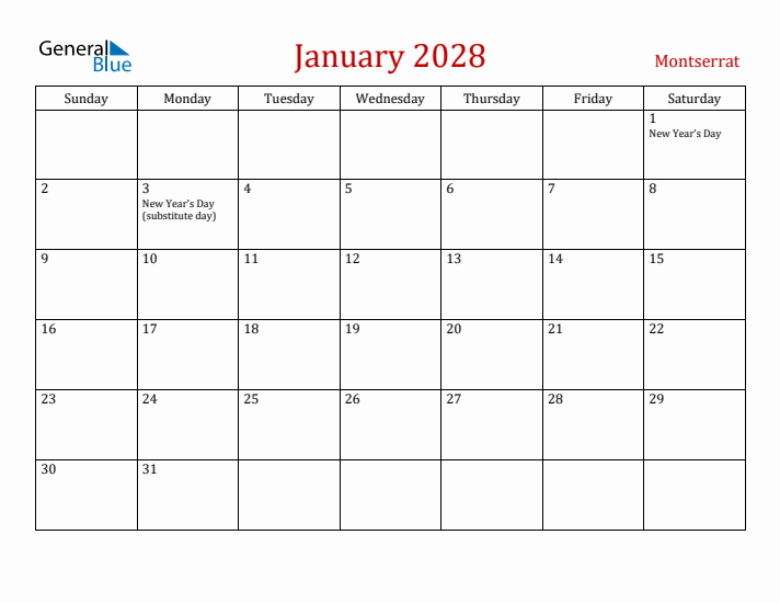 Montserrat January 2028 Calendar - Sunday Start