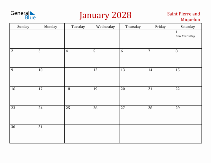 Saint Pierre and Miquelon January 2028 Calendar - Sunday Start