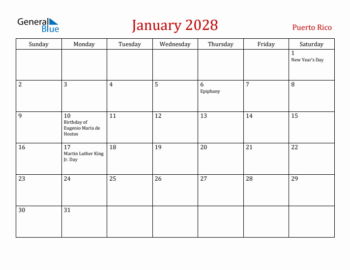 Puerto Rico January 2028 Calendar - Sunday Start