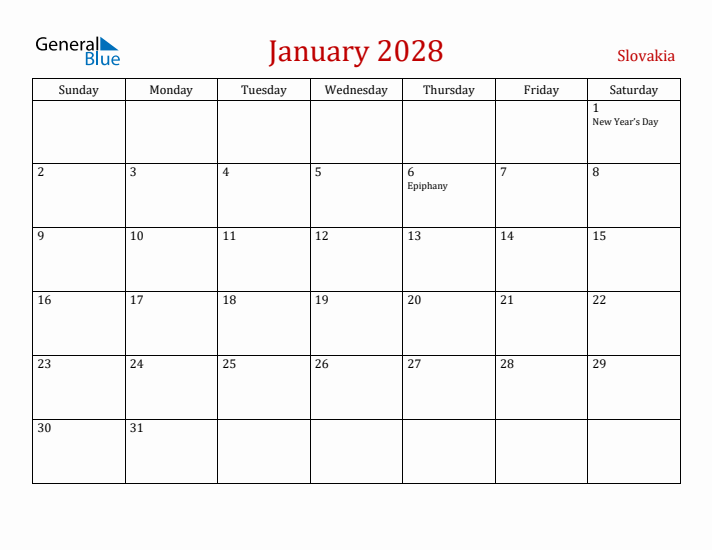 Slovakia January 2028 Calendar - Sunday Start