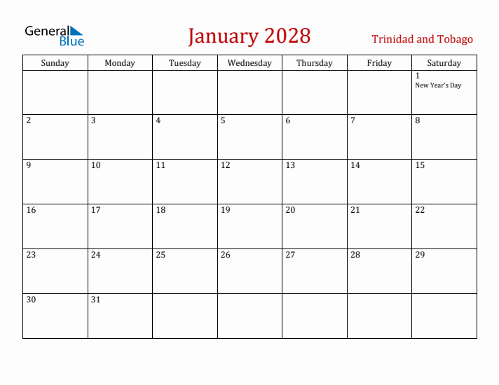 Trinidad and Tobago January 2028 Calendar - Sunday Start