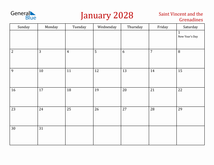 Saint Vincent and the Grenadines January 2028 Calendar - Sunday Start