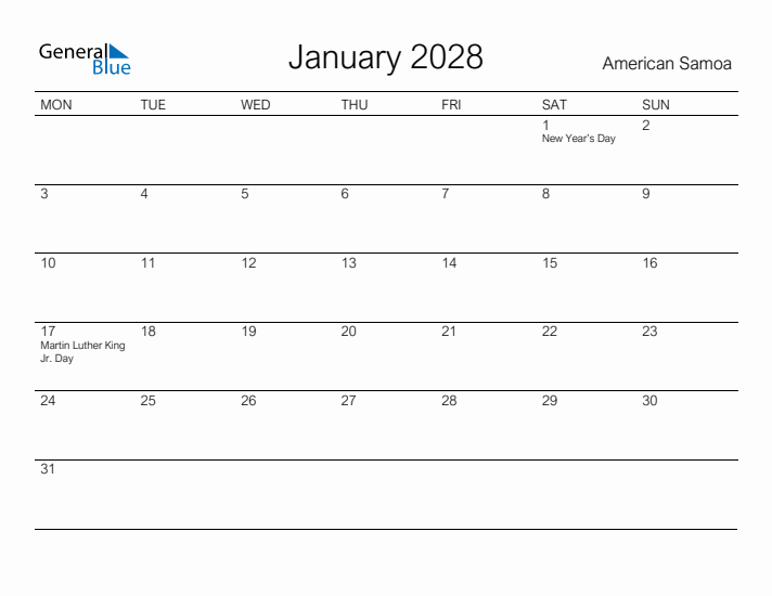 Printable January 2028 Calendar for American Samoa