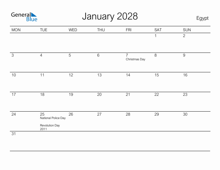Printable January 2028 Calendar for Egypt