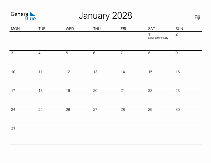 Printable January 2028 Calendar for Fiji