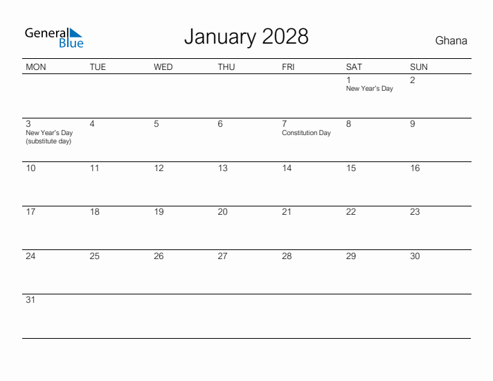 Printable January 2028 Calendar for Ghana