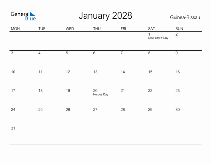 Printable January 2028 Calendar for Guinea-Bissau
