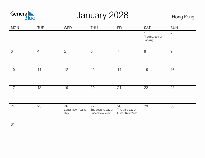 Printable January 2028 Calendar for Hong Kong