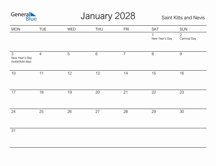 Printable January 2028 Calendar for Saint Kitts and Nevis