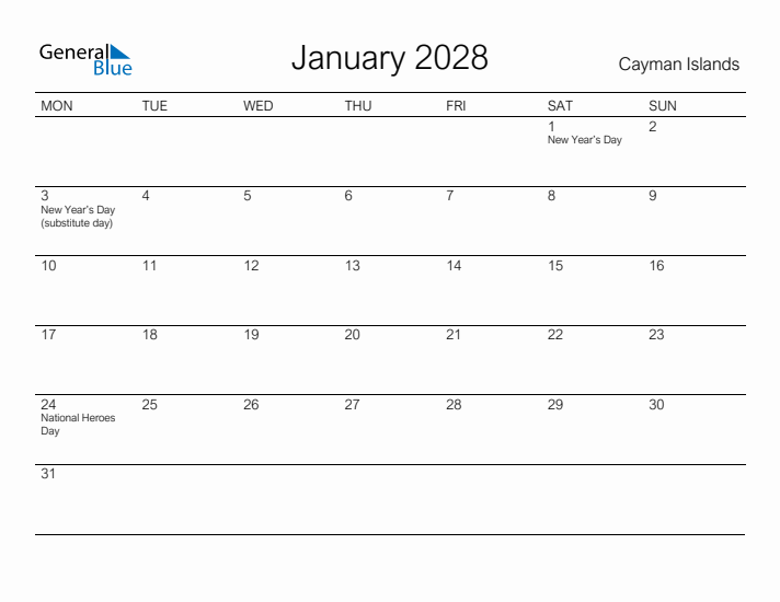 Printable January 2028 Calendar for Cayman Islands