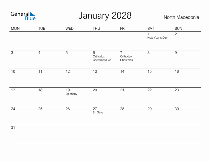 Printable January 2028 Calendar for North Macedonia