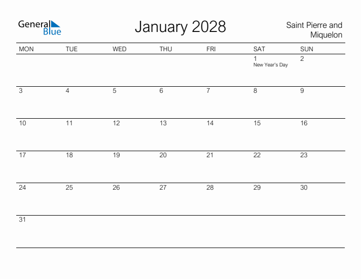 Printable January 2028 Calendar for Saint Pierre and Miquelon