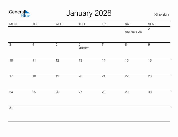Printable January 2028 Calendar for Slovakia