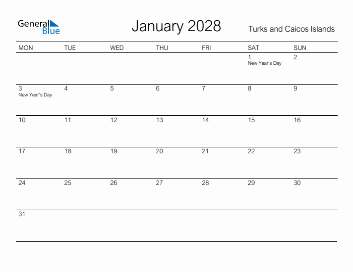 Printable January 2028 Calendar for Turks and Caicos Islands